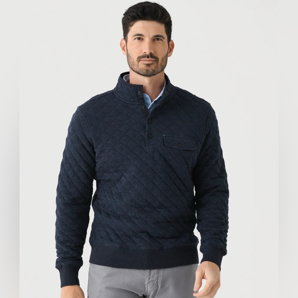 Faherty Men's Epic Quilted Pullover Navy Henley Sweatshirt. Size XL